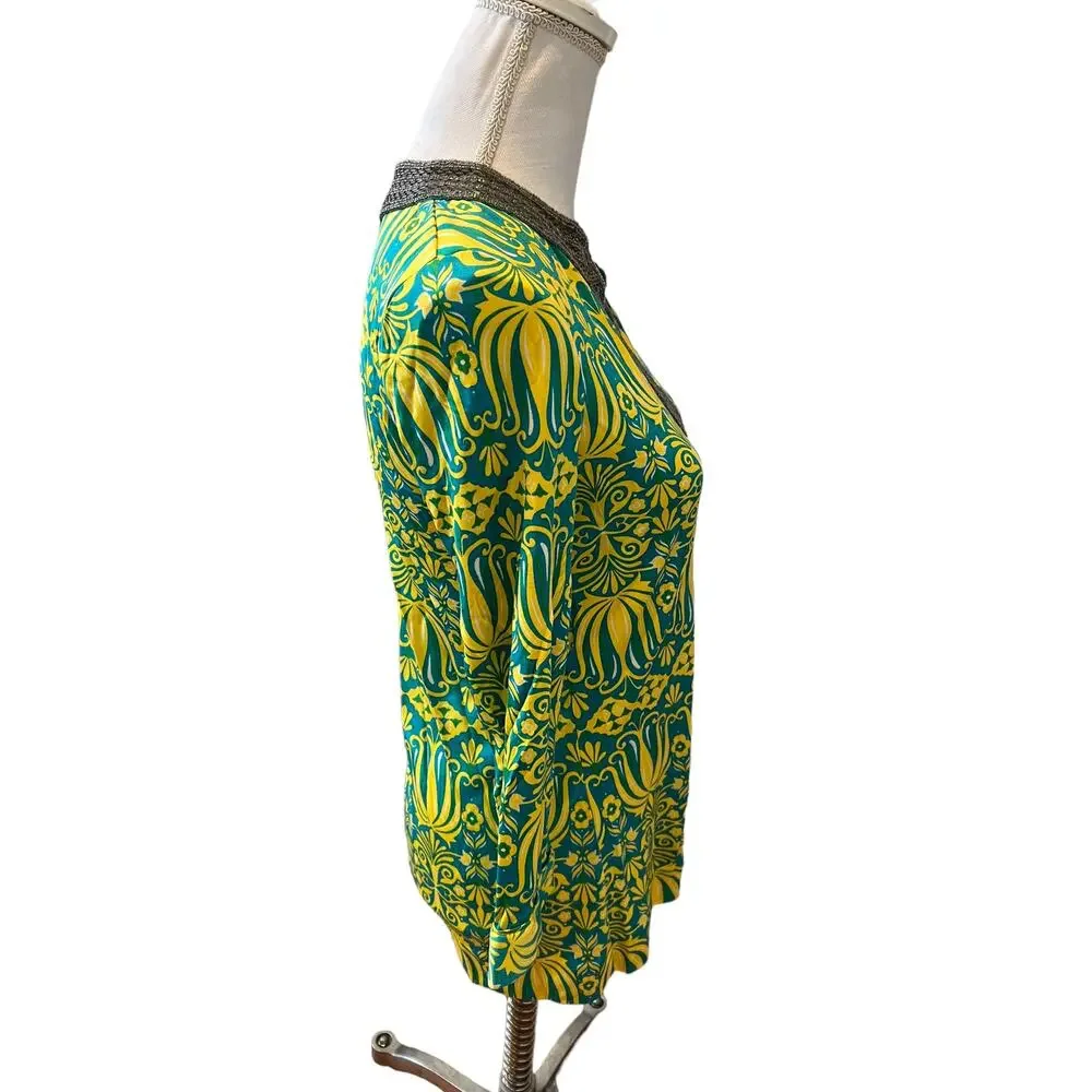 Tory Burch Silk Tunic Top Beaded Embellished neckline Green Yellow XS